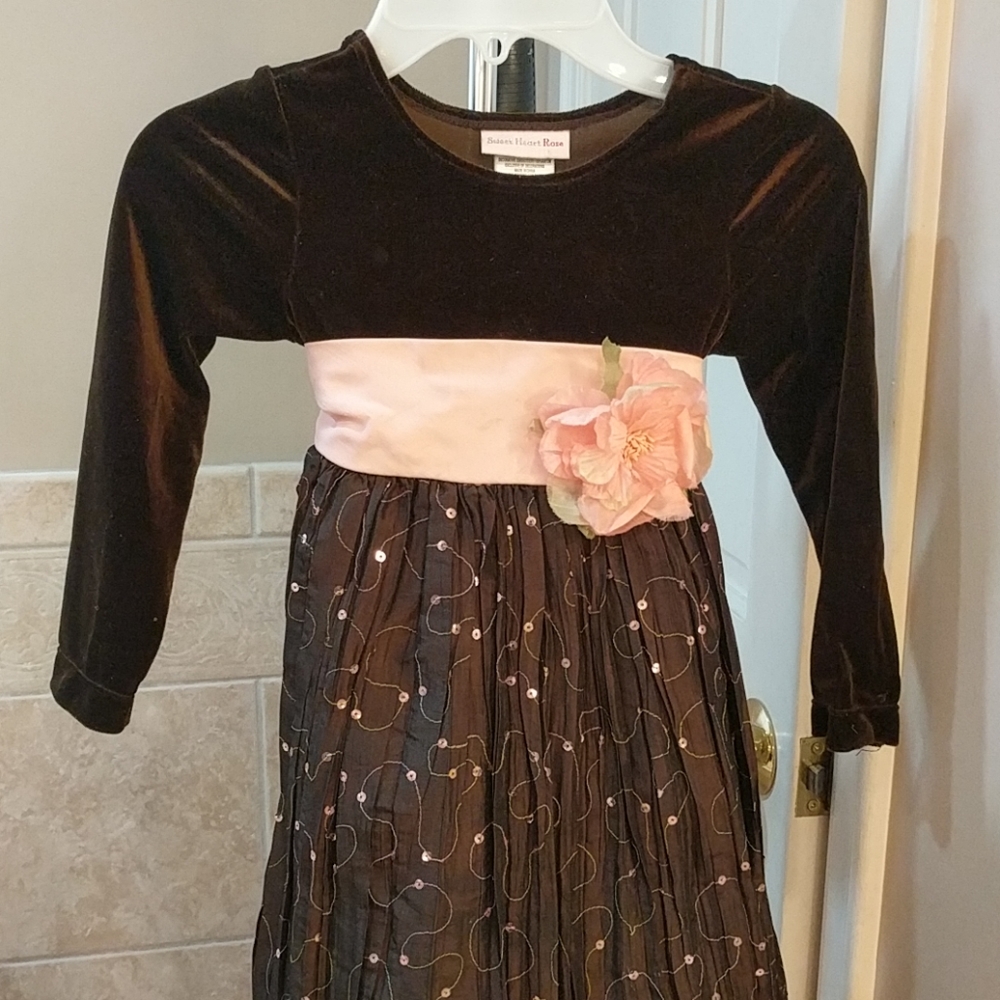 Elegant chocolate velvet dress wsequins, rose, bow